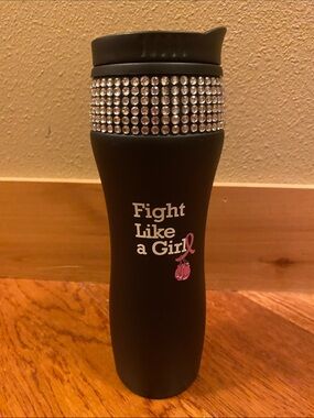 Bling Black Travel Tumbler - "Fight Like a Girl" Pink Ribbon